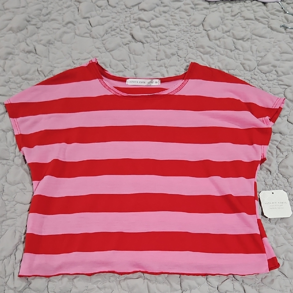 Altar'd State Red and Pink Striped Short Sleeve Tee